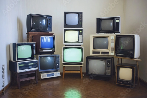 Obraz collection of vintage crt televisions arranged in a room with wooden floors showing retro designs and muted colors in an indoor setting  
