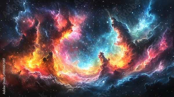 Fototapeta Vibrant cosmic nebula illuminated by colors of blue, orange, and pink in deep space showcasing stellar formations. Generative AI