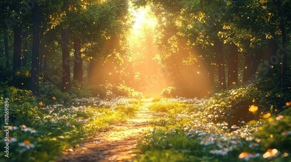 Fototapeta Golden Path: A sun-drenched forest path through a field of white wildflowers.  Sunlight streams through the trees, creating an ethereal glow.  The path leads to a mysterious destination.