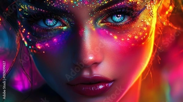 Fototapeta A stunningly vibrant image of a female dancer enveloped in the ethereal glow of neon lights. Her captivating gaze and elaborate fluorescent makeup create a mesmerizing portrait of beauty