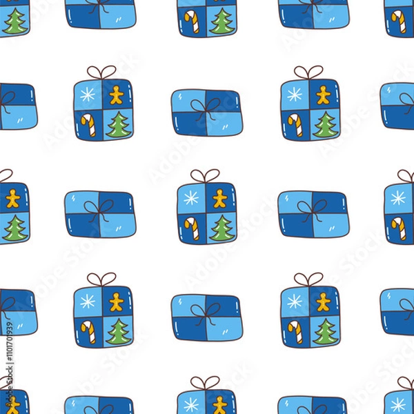 Obraz Seamless Christmas pattern with festive gift boxes on white background. Merry Christmas and Happy New Year. Winter holiday. Colorful vector illustration hand drawn doodle. Print for paper or fabric