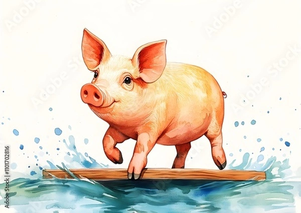 Fototapeta A charming watercolor of a pig exploring a small wooden bridge surrounded by nature.