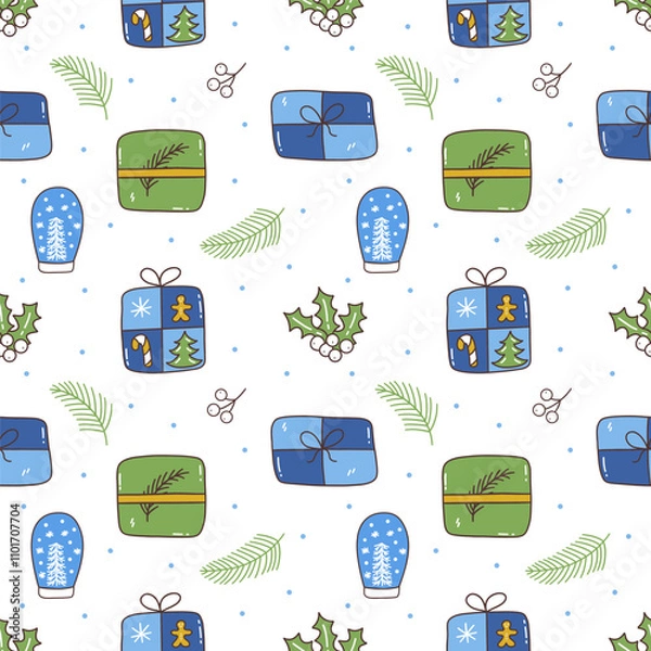 Obraz Seamless Christmas pattern with snow blue glass ball, gift box, spruce twig and holly berry. Snowing. Colorful vector illustration hand drawn doodle. Festive winter season print, New Year holiday