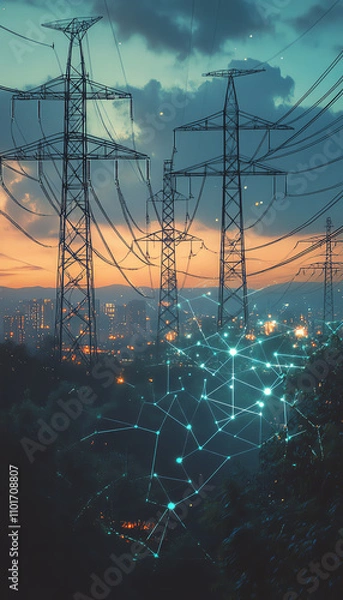 Obraz Powering the future peak energy storage solutions in urban landscapes at dusk technology and nature intertwined