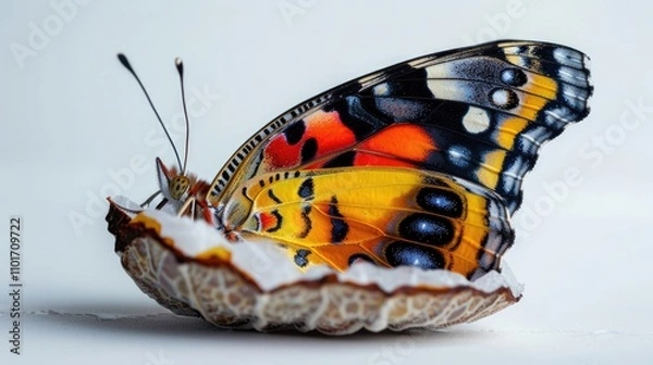 Obraz A beautiful butterfly emerging from a cocoon, spreading its colorful wings on a white background