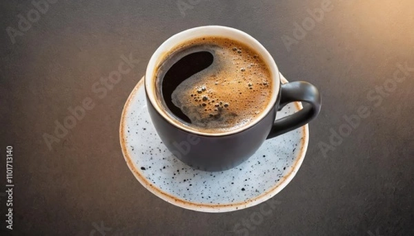 Fototapeta High-resolution top view of an isolated mug filled with rich, aromatic hot black coffee, featuring a delicate foam layer on a transparent cutout background, perfect for design projects.