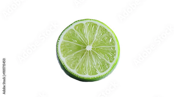 Fototapeta A single, perfectly ripe, green lime, cut in half to reveal its juicy interior, isolated on a white background.