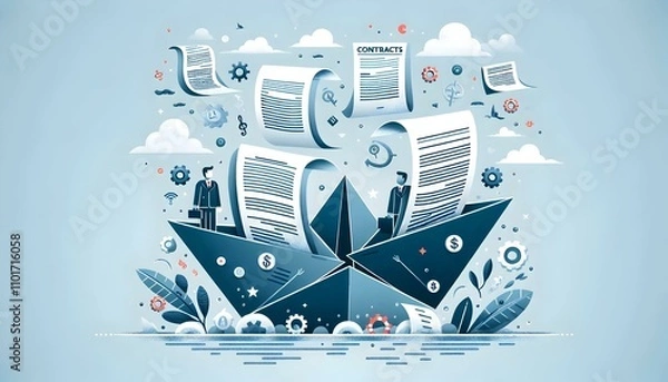 Fototapeta Vector Illustration of Flat Paper Boats from Contracts Sailing in Air Isolated on White Background
