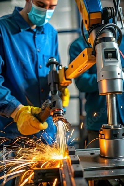 Fototapeta Close Up of Robotic Welders Performing Precision Welding in Automation Digital Transformation