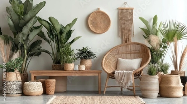 Obraz A peaceful room setting with a rattan chair, woven wall hanging, and various potted plants. Natural textures and earthy tones create a calming atmosphere.
