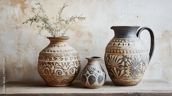Fototapeta Charming rustic earthenware, including an intricately adorned ceramic vase and an amphora jug inspired by ancient designs, exudes a timeless appeal. 
