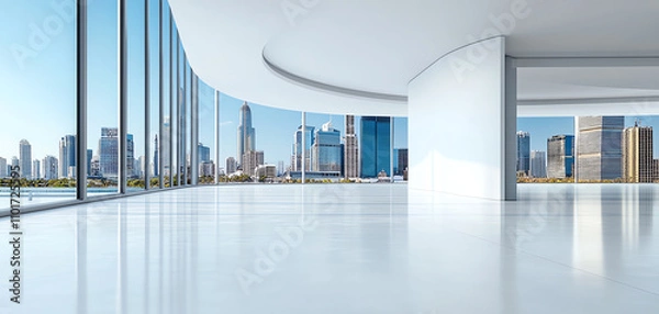Fototapeta Modern office space showcasing natural light urban skyline and minimalist design for peak energy and power storage solutions