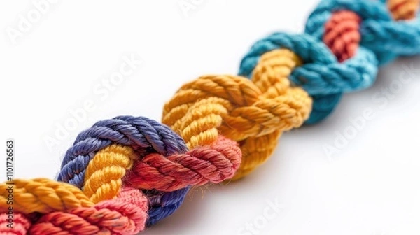 Fototapeta A braided rope made up of different colored threads, representing a strong and diverse team, on a white background
