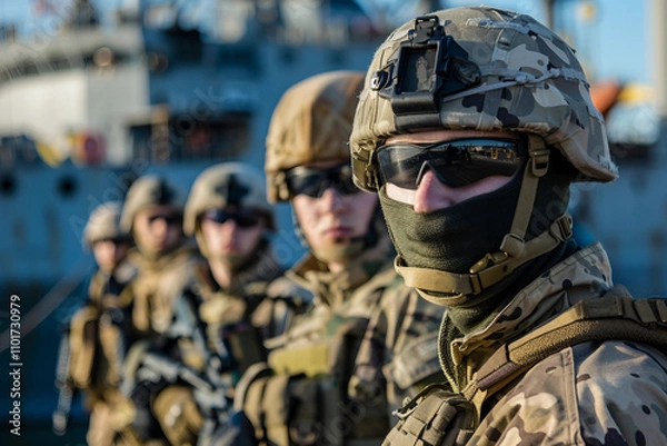 Fototapeta Generative AI Image of Military Officer in Camouflage Uniform Near Ship