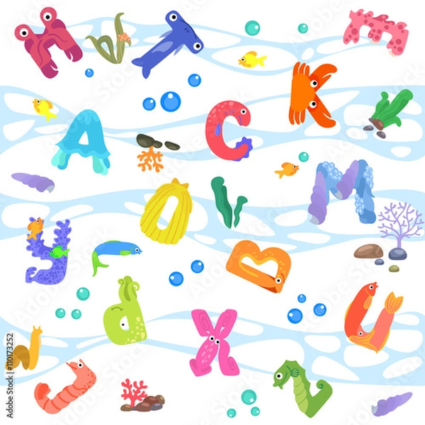 Obraz Seamless pattern from letters like sea inhabitants / There are letters of alphabet with eyes, mouths, and fins
