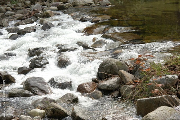 Obraz 폭포가 흐르는 개울가의 시냇물처럼 흐르는 물과 돌이 어우러진 가을 냇가의 풍경