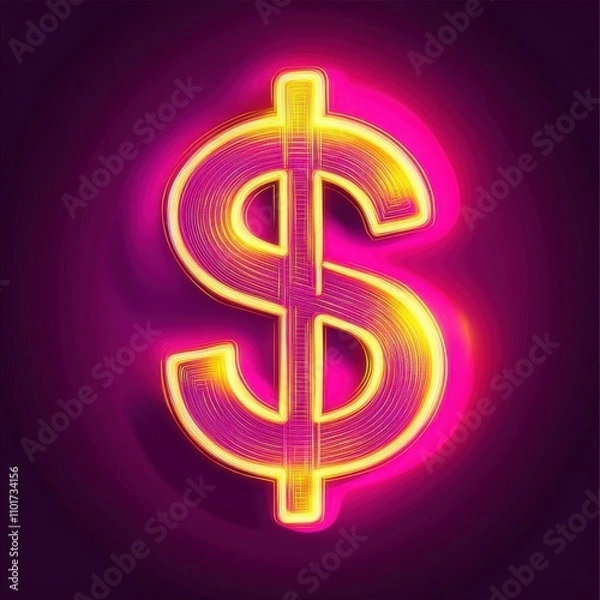 Fototapeta A vibrant neon dollar sign glowing against a dark background, symbolizing wealth and financial success.
