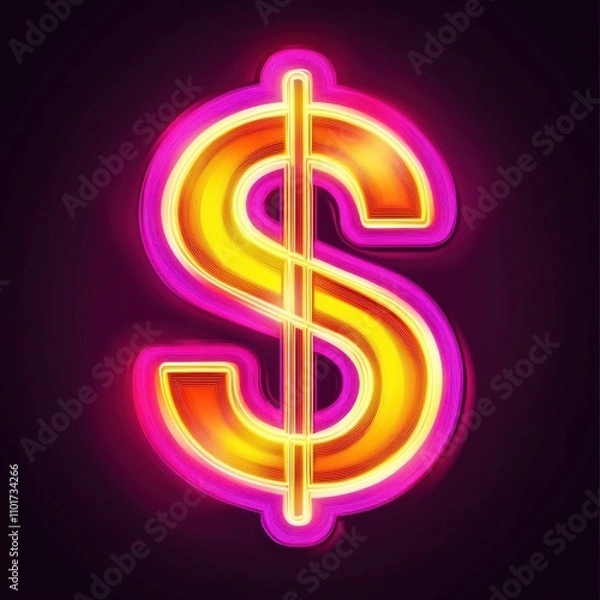 Fototapeta A vibrant neon dollar sign symbol glowing in bright yellow and pink hues against a dark background.