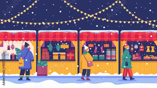 Fototapeta A bustling outdoor market at night, adorned with twinkling string lights hanging above rows of festive stalls.