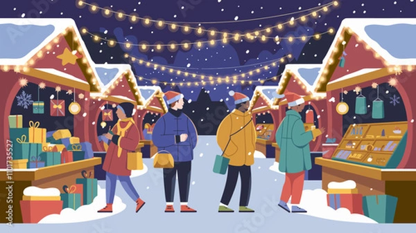 Fototapeta A bustling outdoor market at night, adorned with twinkling string lights hanging above rows of festive stalls.