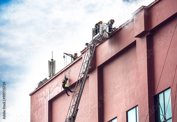 Fototapeta Side view of firefighters extinguish fire on the roof of a high-rise building using extended ladder equipped with water hose to spray water. Firemans extinguishing fire in Nha Trang