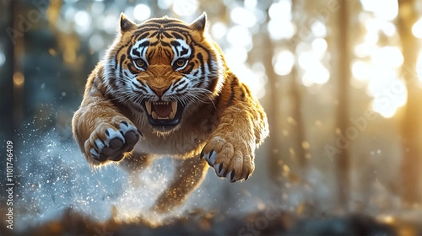 Obraz Saber-toothed tiger Smilodon leaping in forest with sunlight and dynamic motion  
