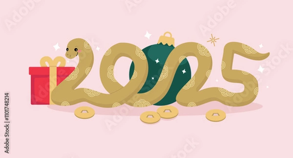 Obraz Cute cartoon snake in a shape of 2025 surrounded. Happy Chinese New Year concept. Cartoon vector illustration.