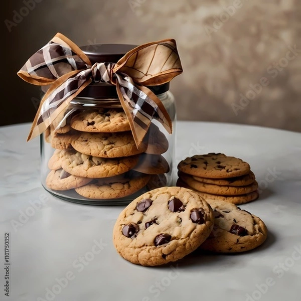 Fototapeta Homemade Chocolate Chip Cookies in a Glass Jar Tied with a Decorative Bow on a Neutral Background - Perfect for Bakery or Gourmet Snack Concept