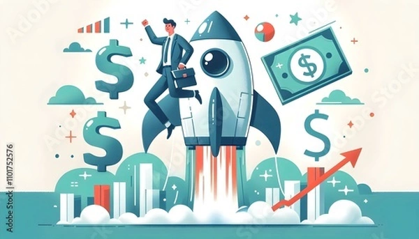 Fototapeta Flat Rocket Launch Financial Growth Dollar Sign Vector Illustration for Startups and Business Ventures