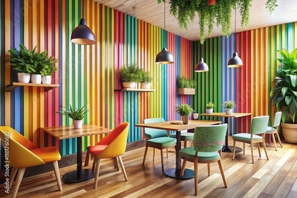 Fototapeta Modern Colorful Cafe Interior with Minimalist Wooden Furniture, Striped Walls, and Inviting Atmosphere for Architectural Photography