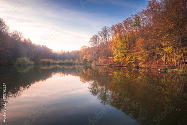Obraz Autumn colorful foliage over lake with beautiful woods in red and yellow color. Bakony Forest and Mountain, Pisztrangos Lake, Hungary
