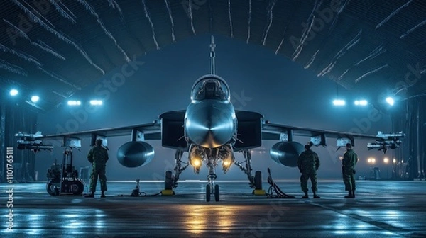 Fototapeta Dramatic Nighttime Scene of Military Jet in Hangar with Ground Crew Illuminated by Blue Lights and Tactical Equipment Ready for Operations