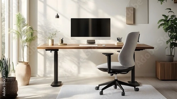 Fototapeta Modern home office with standing desk, ergonomic chair, and plants.