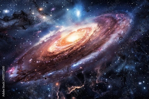 Fototapeta Glowing spiral galaxy with bright center and dark dust lanes in deep space.