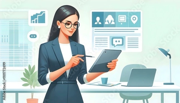 Fototapeta Flat Businesswoman Glossy Tablet Bright Office Setting Ample Copy Space for Advertisements Messaging