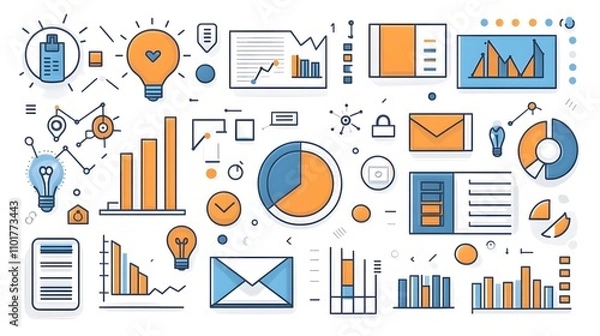 Fototapeta Minimalist business infographic icons featuring flat design vector elements with pie charts, bar graphs, and analytics symbols in orange and blue, using clean geometric shapes and line art style.