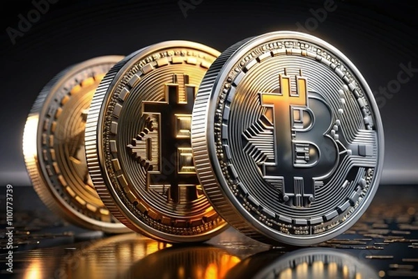 Obraz Stunning 3D Render of Bitcoin  Arranged Using the Rule of Thirds for a Dynamic Visual Impact - Perfect for Cryptocurrency and Finance Themes