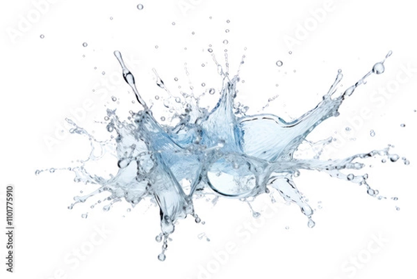 Obraz A burst of water droplets in mid-air, frozen in time as they scatter outward from a central point, isolated on white background