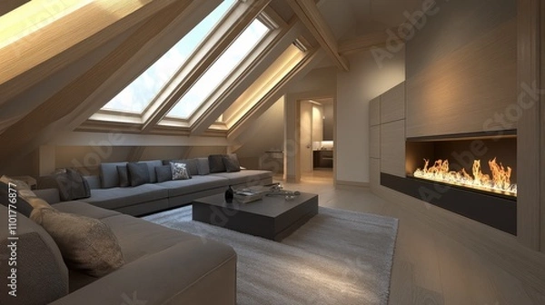 Fototapeta Modern attic living space with skylights, a gray sofa, and a sleek fireplace for a contemporary look.