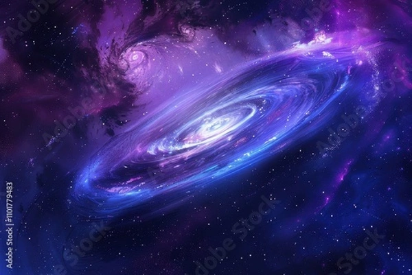 Fototapeta Vibrant swirling spiral galaxy with glowing blue core and trailing purple dust formations in deep space.