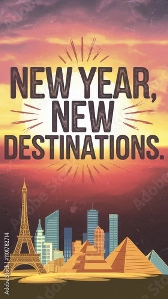 Fototapeta Celebrating the New Year with a vision of travel and adventure in iconic destinations around the world