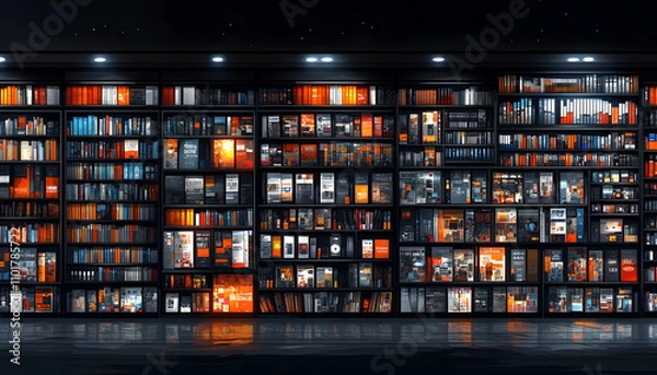 Fototapeta Wall of books and magazines in a modern bookstore at night.