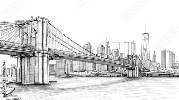 Obraz Brooklyn Bridge Sketch with New York City Skyline
