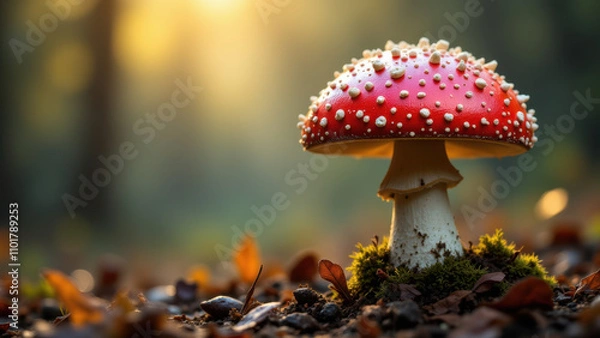 Fototapeta A vibrant red mushroom with white speckled patterns on its cap and stem, set against a blurred forest background.