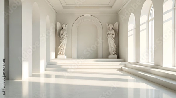 Obraz Elegant White Hall with Statues and Lighting