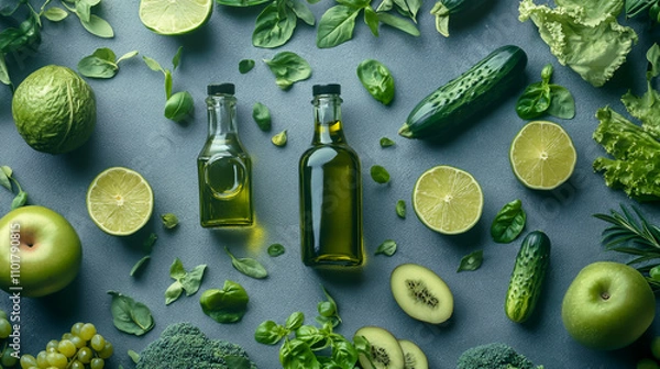 Obraz Photo of glass bottles with olive oil surrounded by green fruits and vegetables on a grey background
