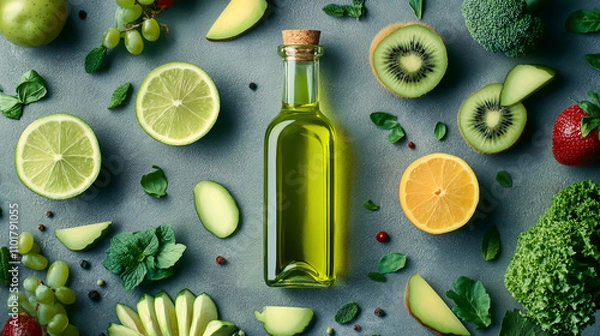 Obraz Photo of glass bottles with olive oil surrounded by green fruits and vegetables on a grey background