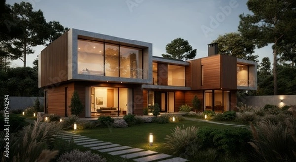 Obraz Modern two-story wooden house with large windows and lit garden at dusk