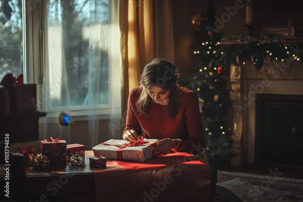 Fototapeta Woman Wrapping Large Christmas Gift