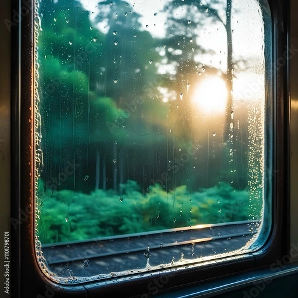 Fototapeta Train window with outside view, evening time, sunlight, great travel tools.